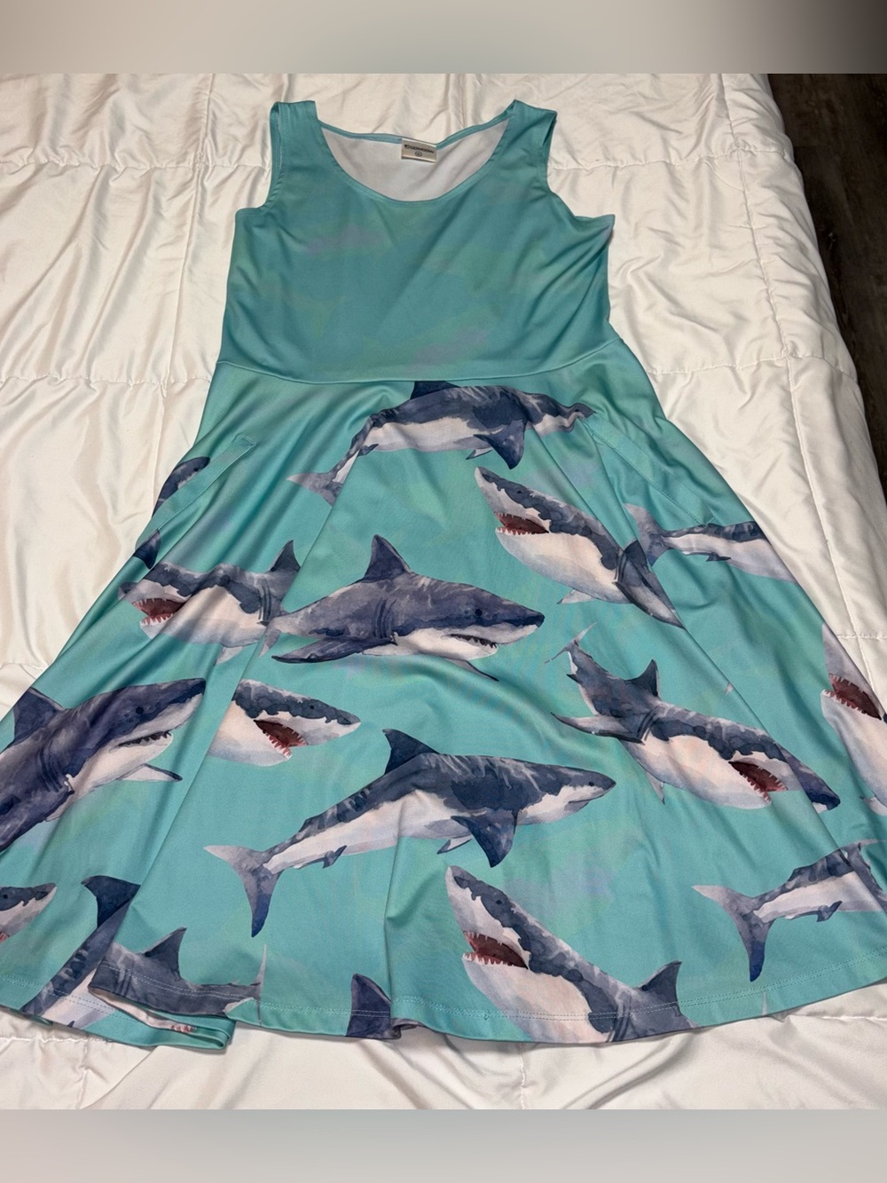 COWCOW Shark Print Tank Top Fit and Flare Skater Dress Blue XL